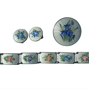 Finn Jensen Norway 925 Guilloche Enamel Floral Bracelet, Brooch & Earrings Set